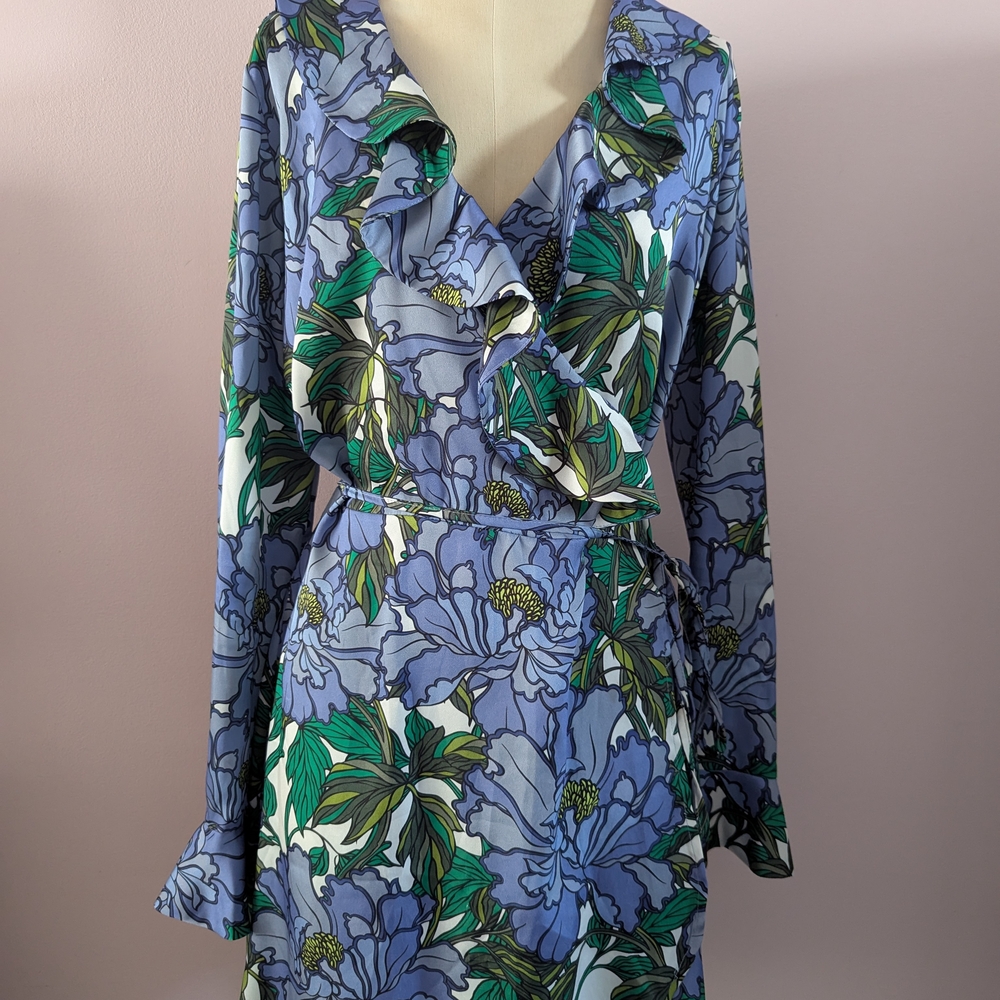 Floral Ruffle Wrap Dress - Blue and Green